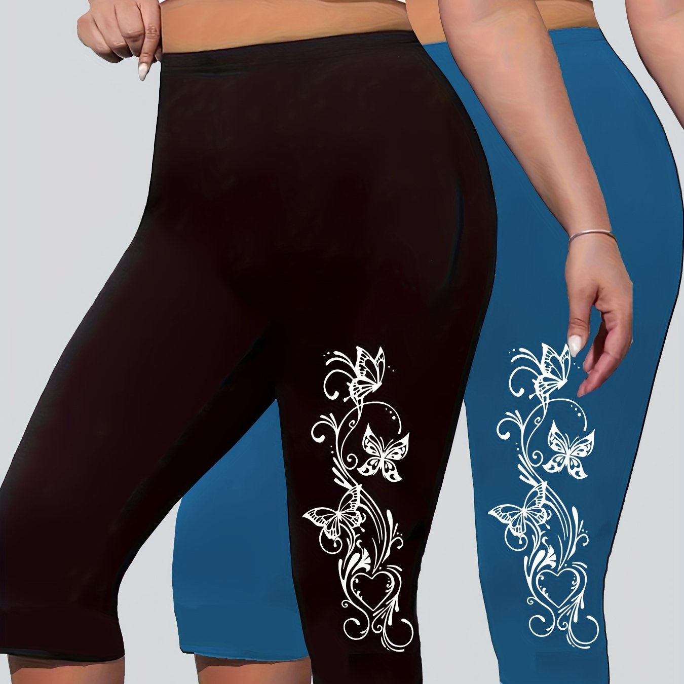 Plus Size Women High-Waisted Leggings 2 Pack Summer Butterfly Heart Print Stretchy Polyester
