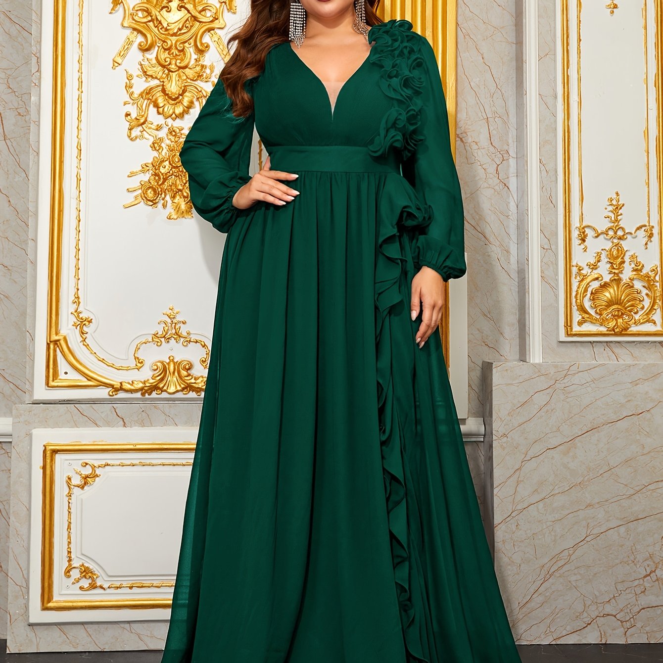Платье большого размера из зелёного шифона с 3D кружевными фонарными рукавами для торжественных мероприятий