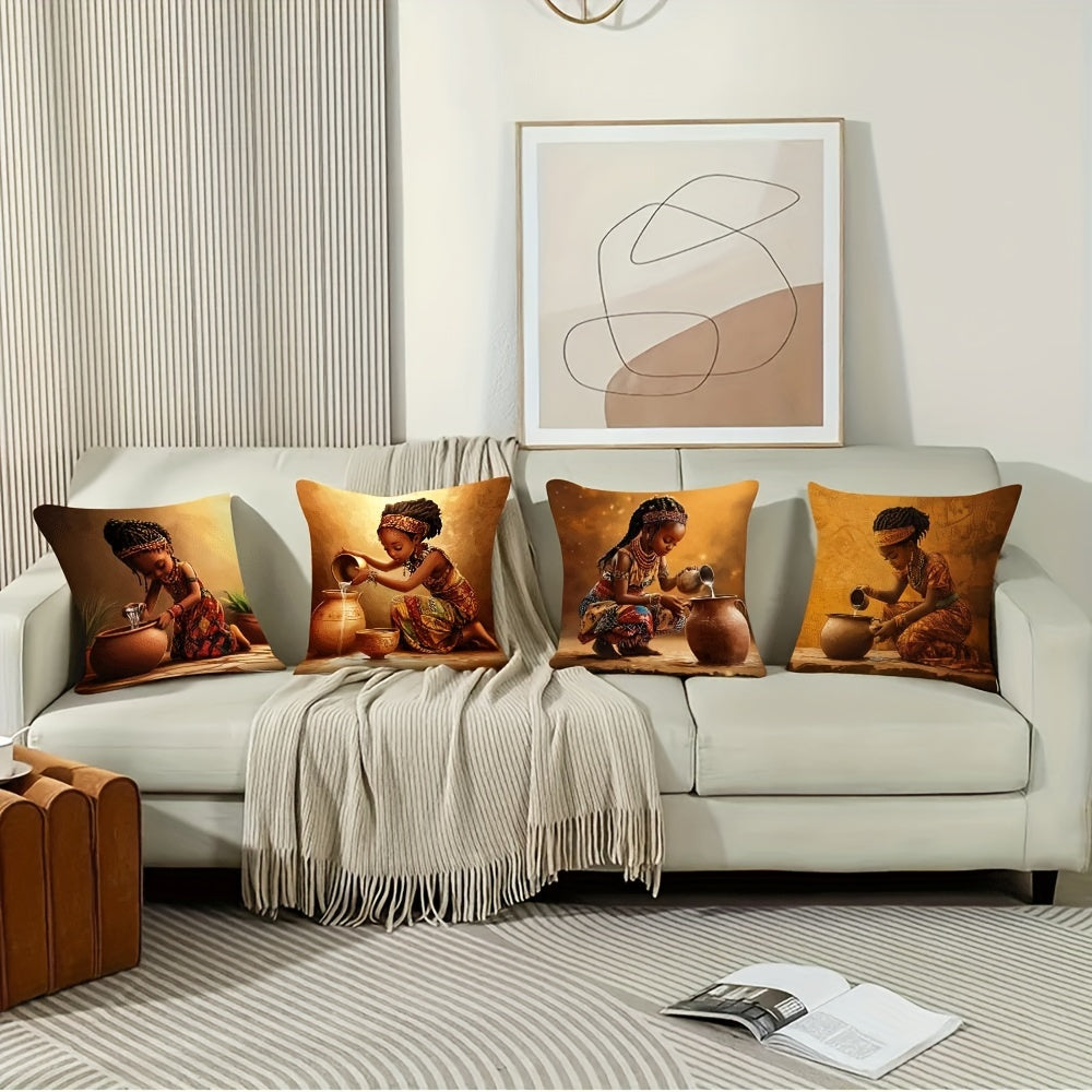 Set of Four African Girl Theme Pillow Covers Polyester Double-Sided Zipper Decorative Sofa Bed Festive