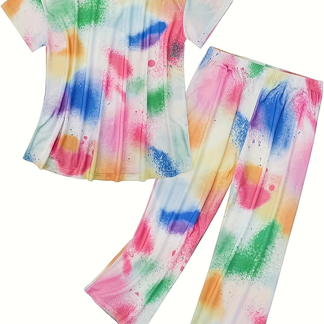 Plus Size Women's Loungewear Set Splash Print Short Sleeve V Neck Tee Capri Pants