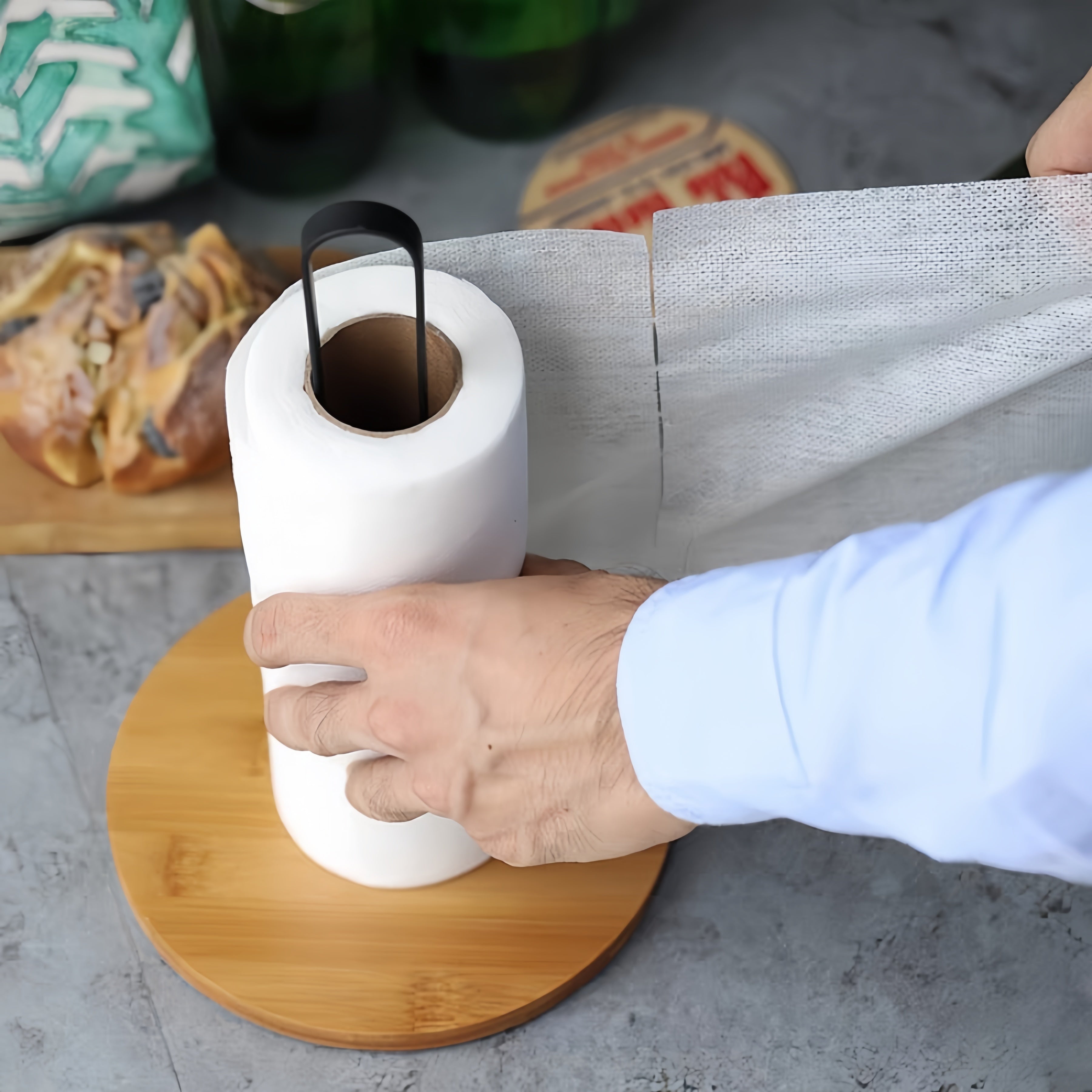 Black Bamboo and Metal Kitchen Paper Towel Holder Vertical Countertop Storage Rack