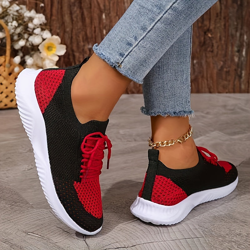 Women's Breathable Knit Sneakers Lightweight Non-Slip Casual Black Red