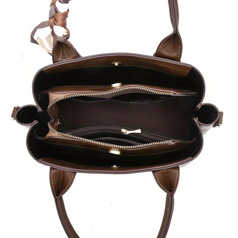 Женская модная сумка-тоут темно-коричневого цвета с застежкой на молнии, полиэстеровой подкладкой и окрашенными краями. Также может использоваться как сумка через плечо.