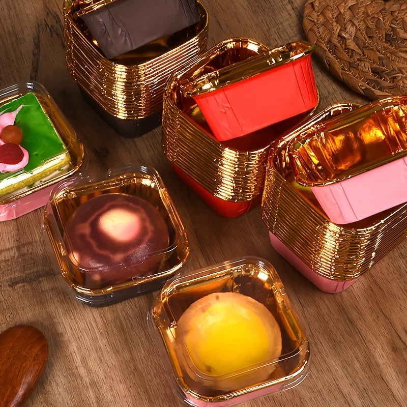 50 Square Cupcake Cups with Lids, Heat-Resistant Foil, Baking and Dessert Cups