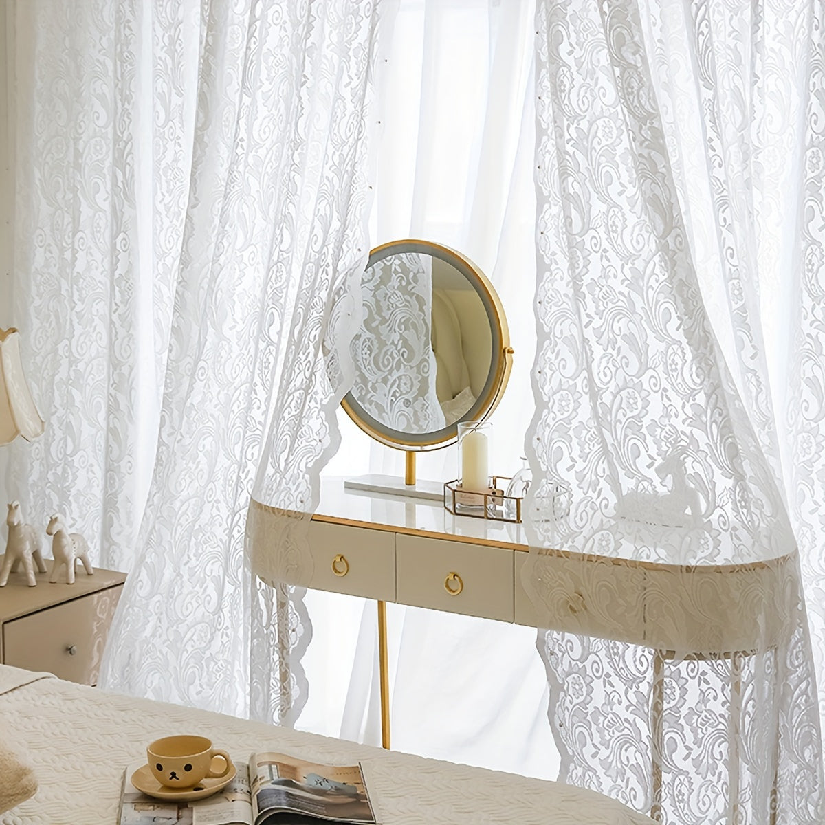 Cortina de tubo con flores pequeñas, con cuentas y encaje para cocina, dormitorio, sala de estar