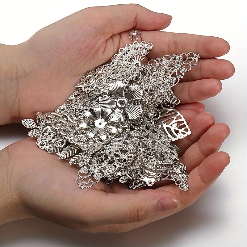 Set of 50g Alloy Charms with Carved Flower and Leaf Designs for Jewelry Making