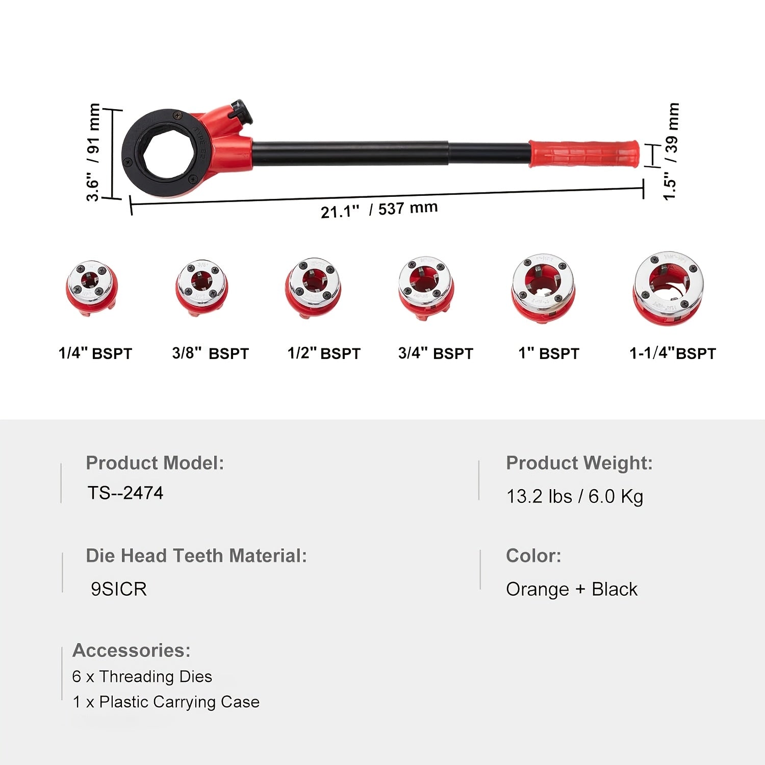 1/2", 3/4" va 1" NPT quvurlari uchun 3 ta die bilan saqlash qutisidagi Bir to'plam ratchet quvur ipini kesish to'plami [Qizil quti]