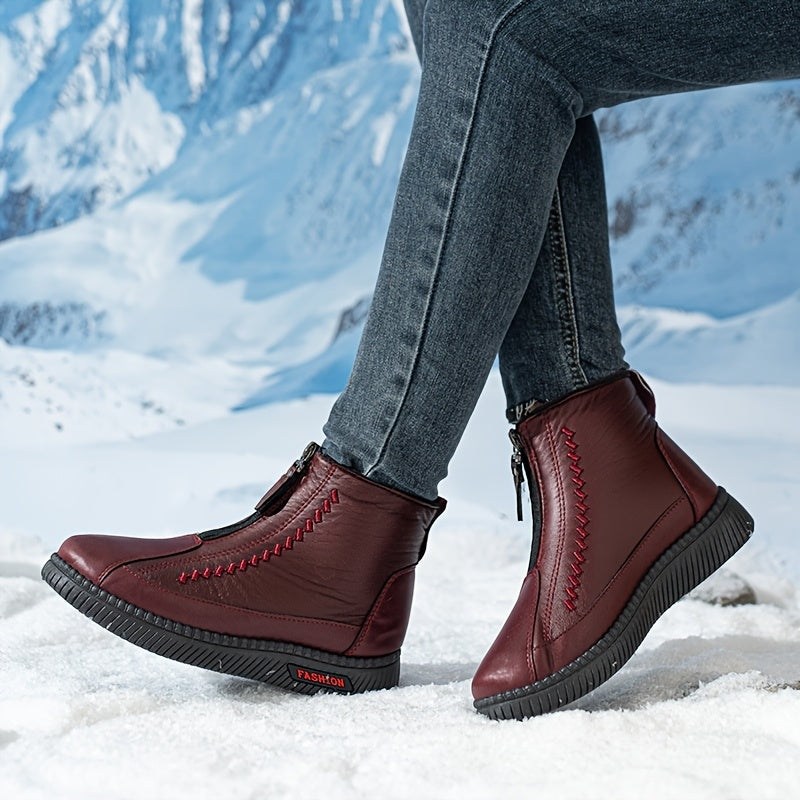 Women’s Fleece-Lined Slip-On Winter Boots with Zipper, Flat Sole in Burgundy Black White