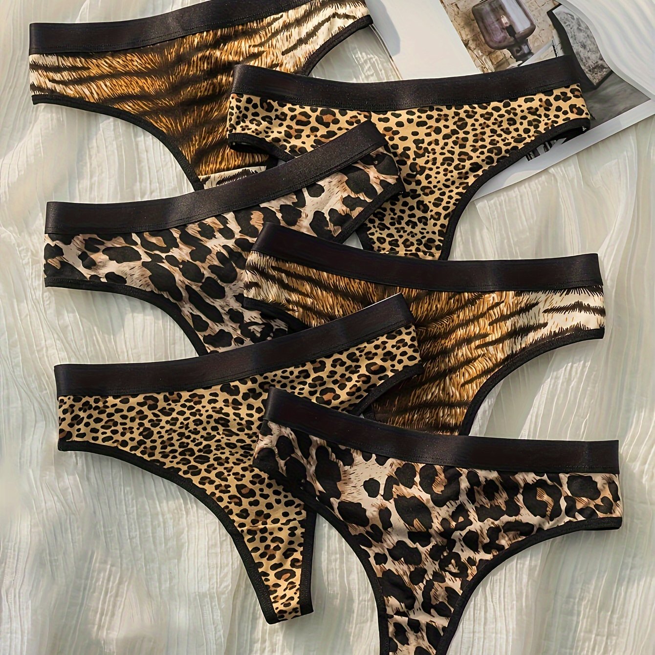 Women’s Sexy Leopard and Zebra Print Thongs 6 Pack Quick-Dry Low-Rise Comfortable