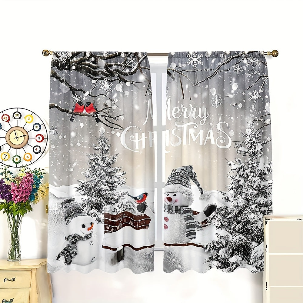Christmas Curtains Set Snowman Pine Tree Semi-Sheer Polyester Easy Hang