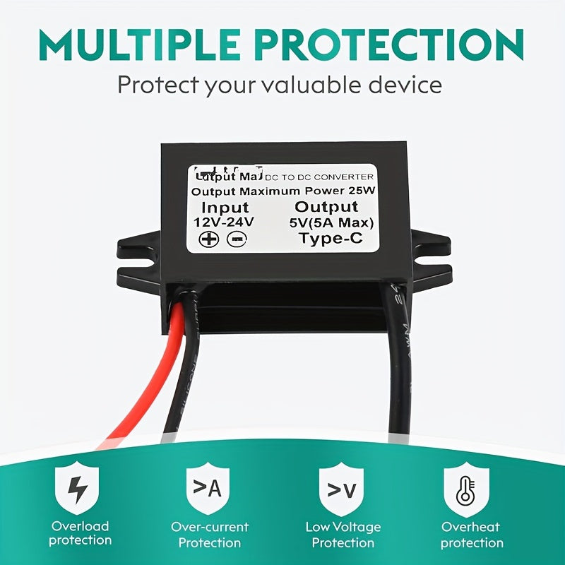 12V/24V to 5V USB Type-C Power Adapter for Raspberry Pi Cellphones and Cars