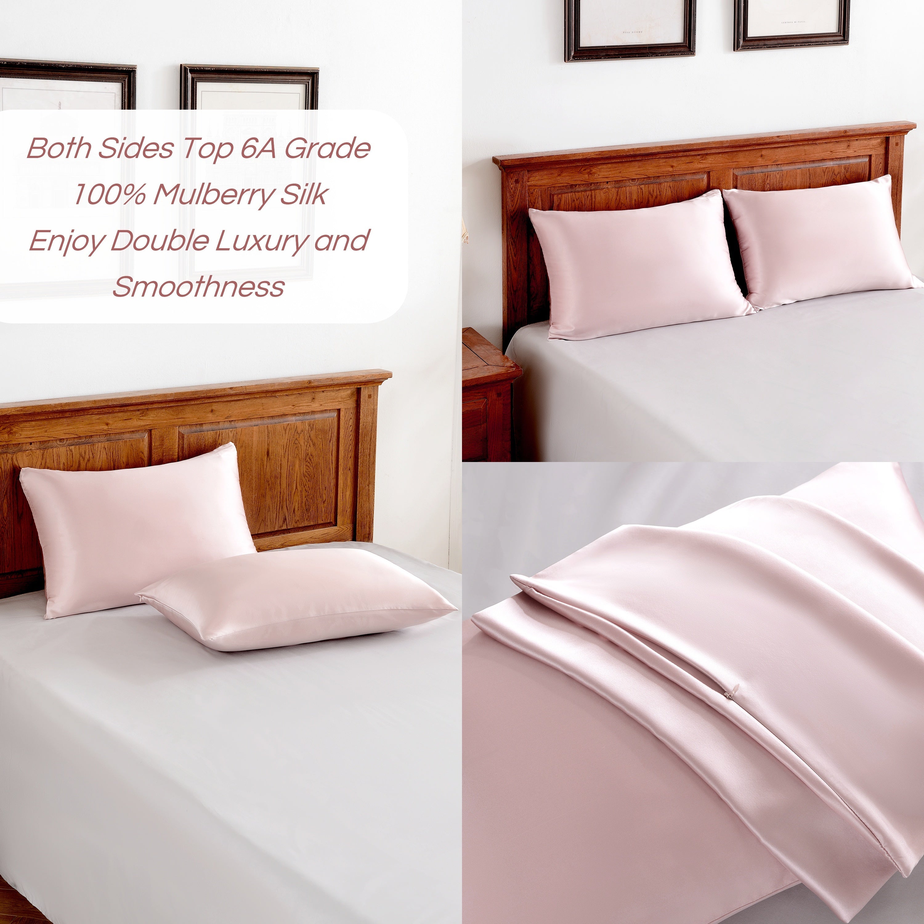 Set of 2 Mulberry Silk Pillowcases Hypoallergenic Satin Weave Solid Color Invisible Zipper Machine Washable Skin Hair Care