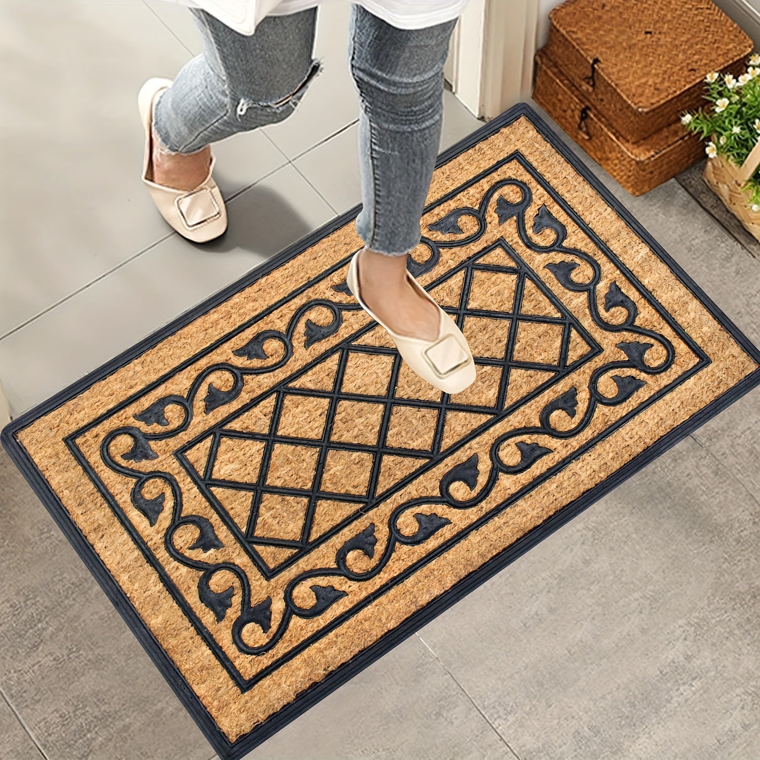Rectangular Outdoor Entrance Rug Non-Slip PVC Backing Durable Polyester Welcome Mat