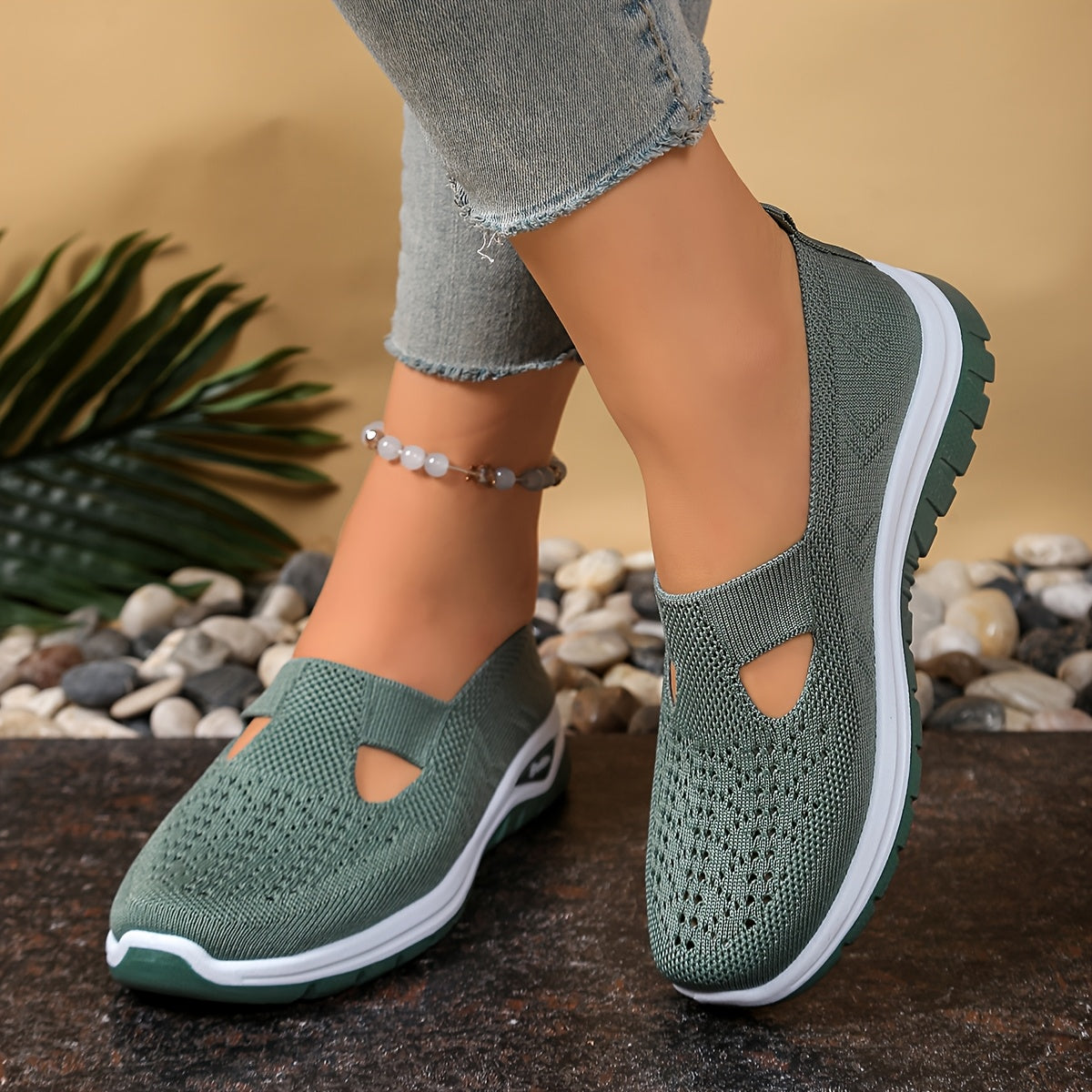 Women's Knit Slip-On Sneakers Breathable Mesh Cushioned Sole Black