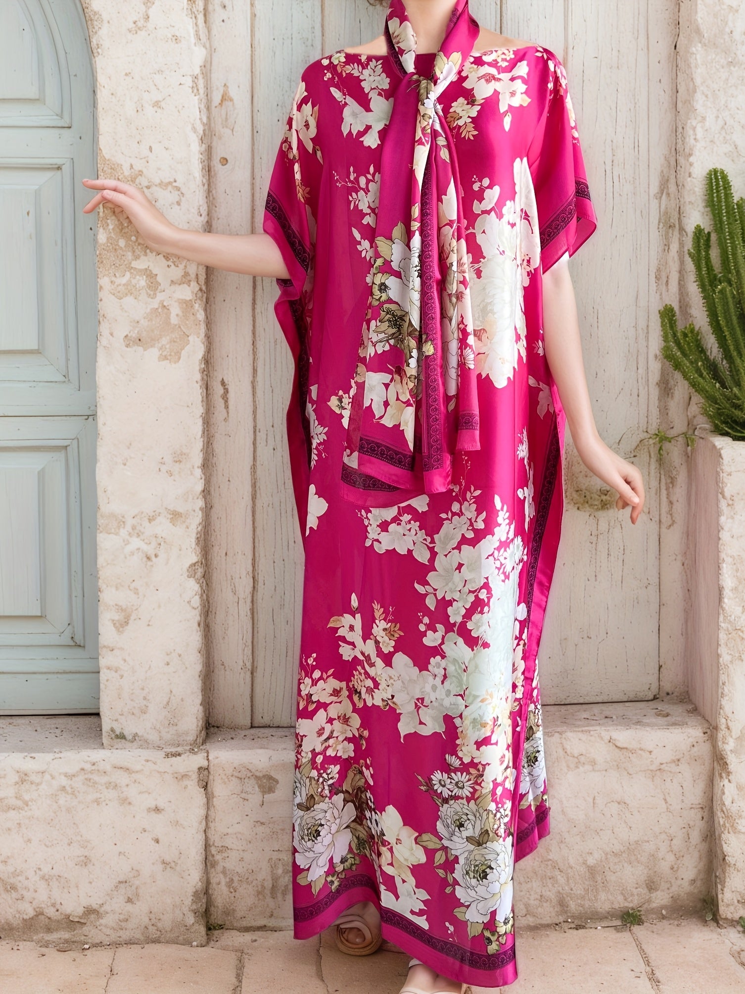 Платье макси большого размера с цветочным принтом и шарфом, свободный крой, длинные рукава, универсальный сезон