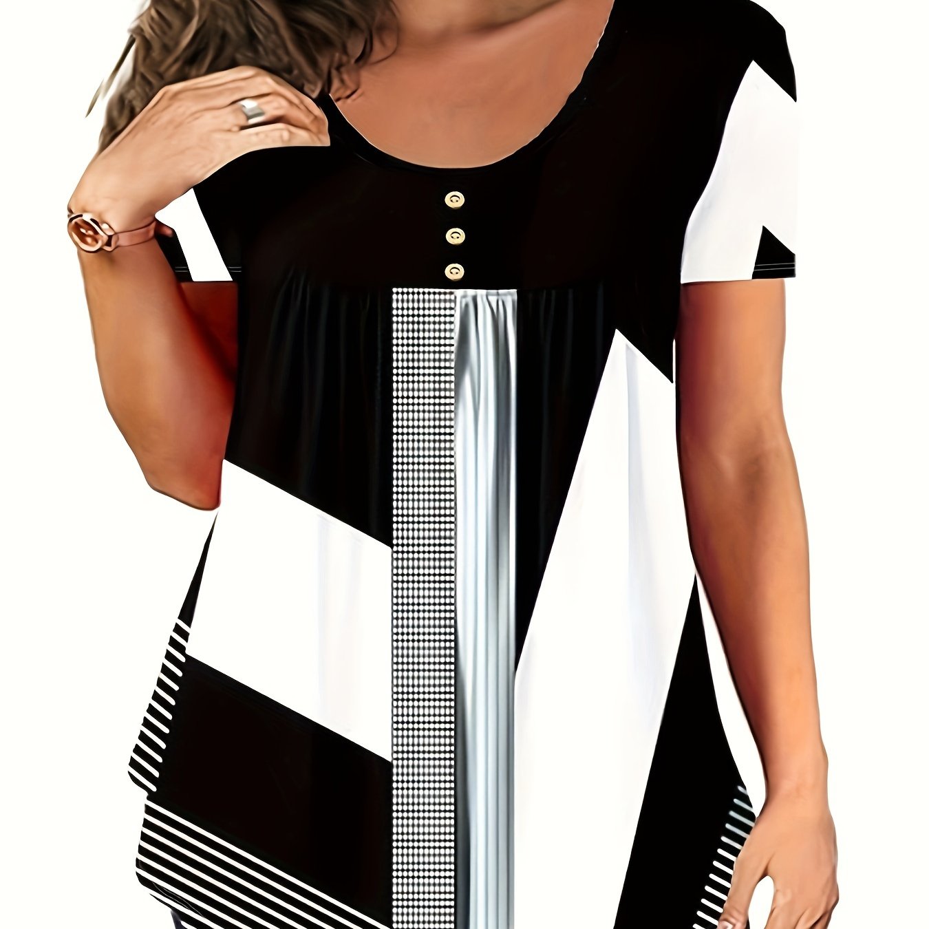 Plus o'lchamdagi kundalik T-shirt ayollar uchun rang-barang nuqta chiziqli qisqa ko'ylakli, dumaloq bo'yinli