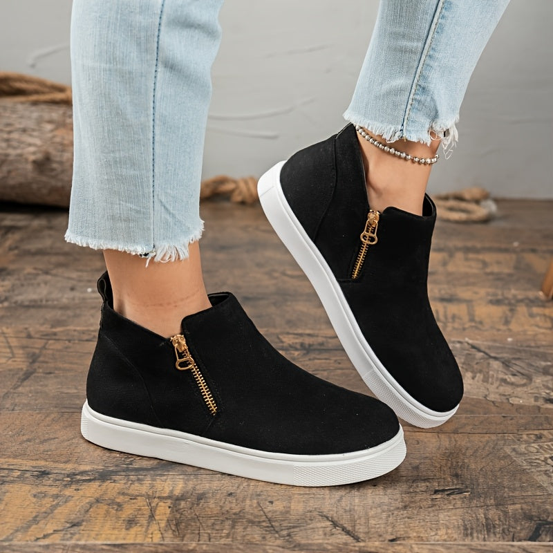 Women's Wedge Heel Ankle Boots Leather Chunky Zipper Casual Shoes