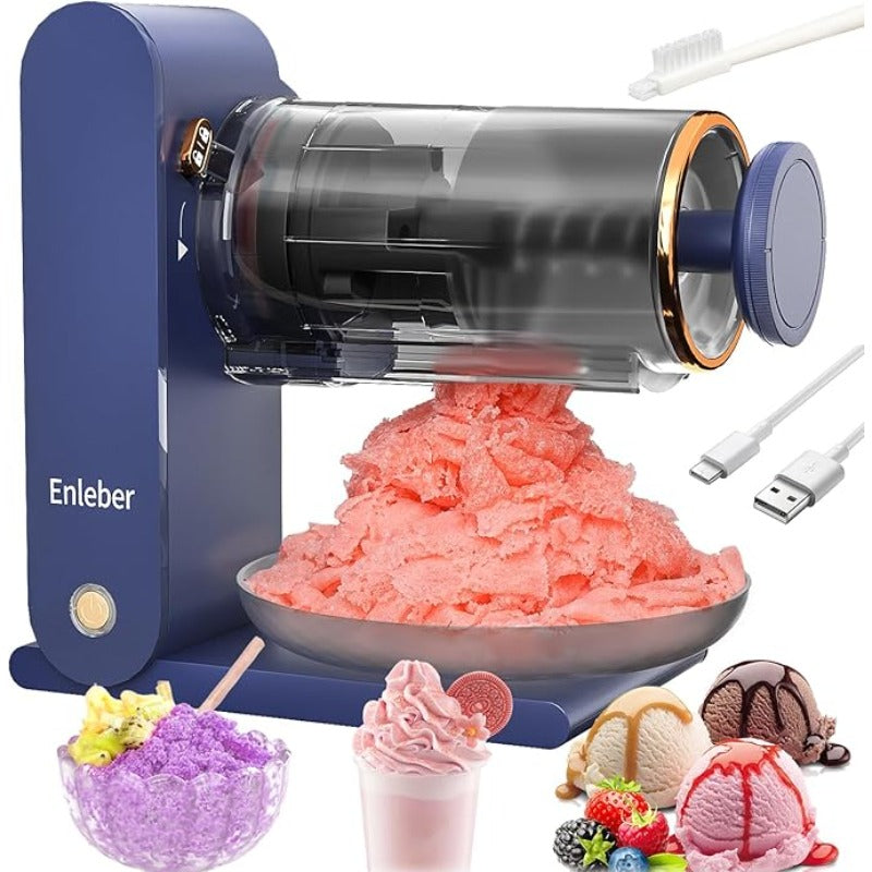 Enleber USB Rechargeable Shaved Ice Cone Machine with Stainless Steel Blades, 2 Reusable Ice Molds. Ideal for Home Kitchen & Camping. Durable and Modern.