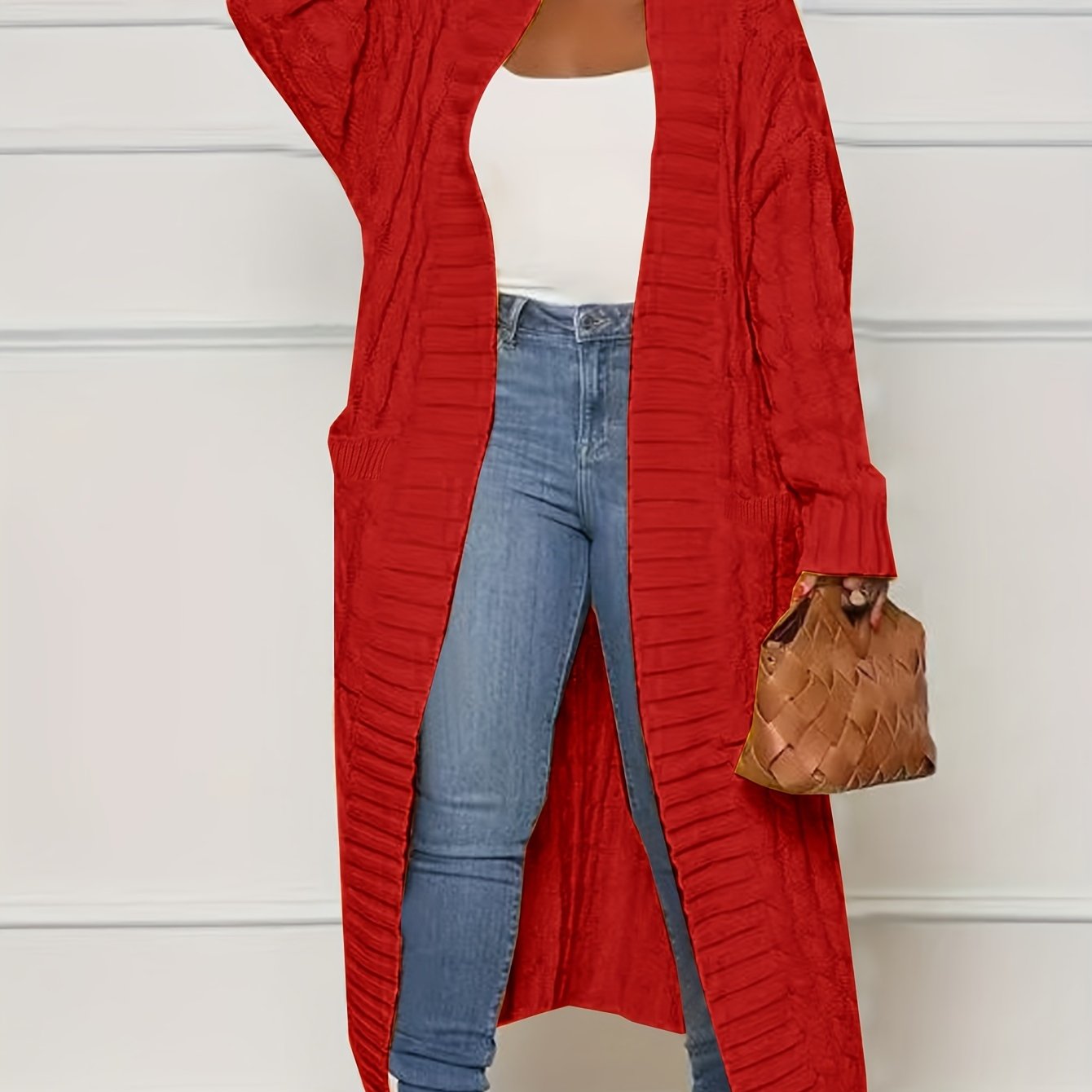 Plus Size Open Front Cardigan with Pockets Long Sleeves Women's Casual Winter Knit Polyester