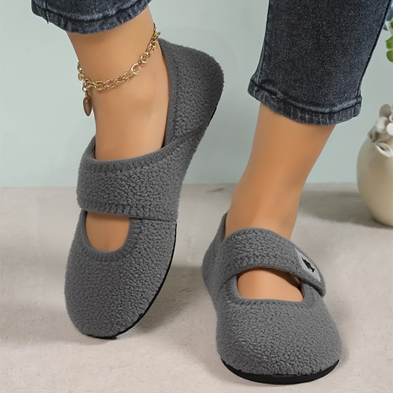 Zapatos de interior para mujer con forro de tela suave, suela antideslizante y estilo Mary Jane con pelo sintético