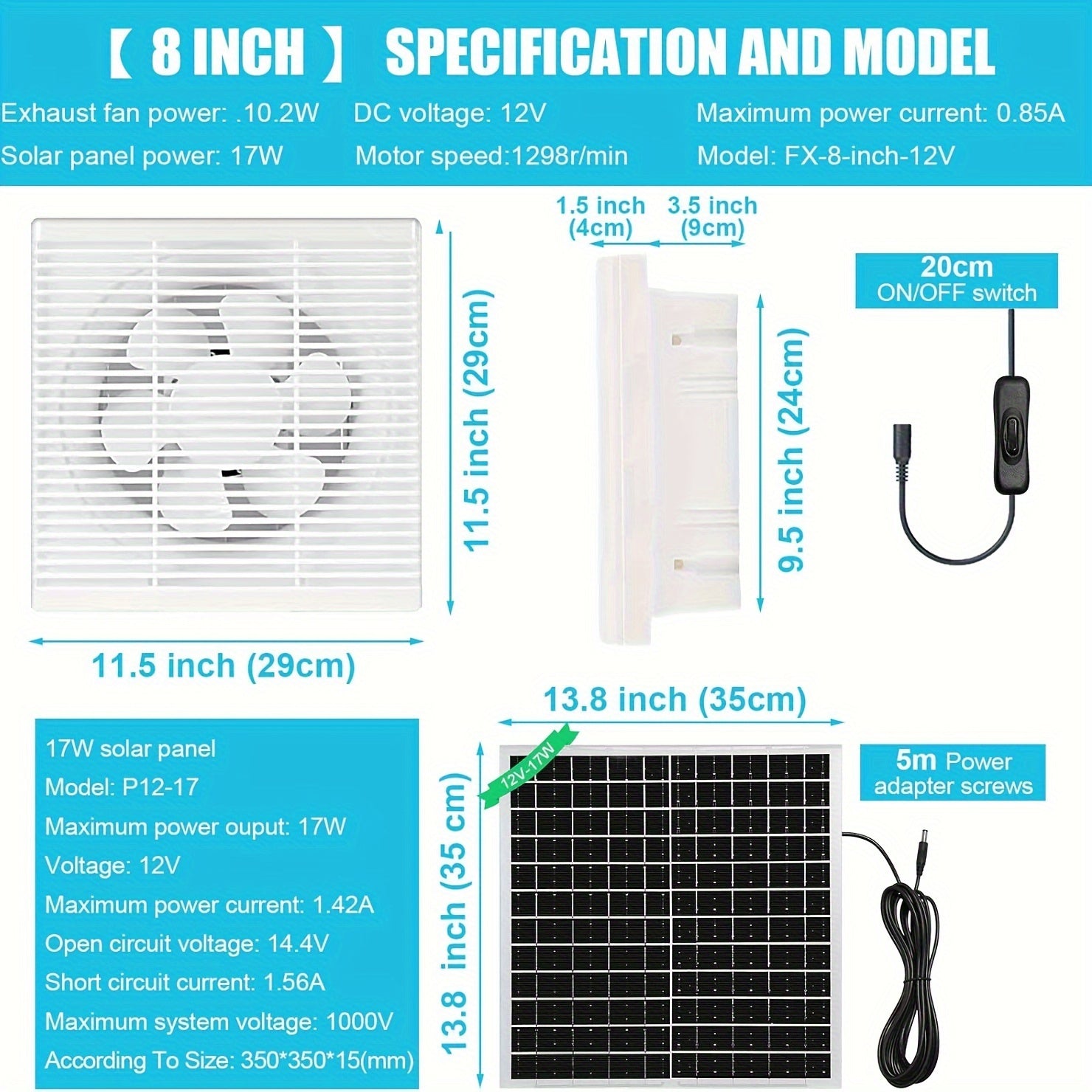 Вентилятор с солнечной батареей 20 Вт, высота 20,32 см, высокоскоростная вентиляция для теплицы, сарая, фермы