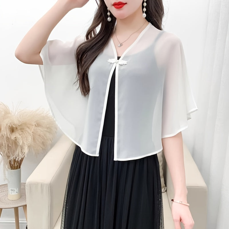 Women’s Chiffon Shawl with Frog Button Closure for Spring and Summer