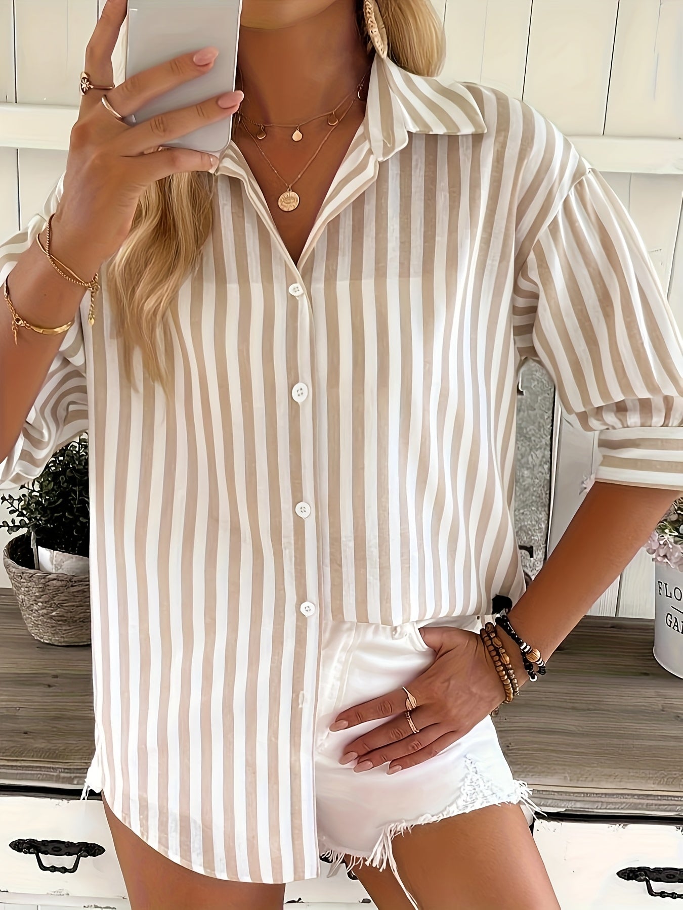 Women Plus Size Striped Short Sleeve Button-Up Shirt Pink White Casual Spring Summer