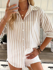Women Plus Size Striped Short Sleeve Button-Up Shirt Pink White Casual Spring Summer