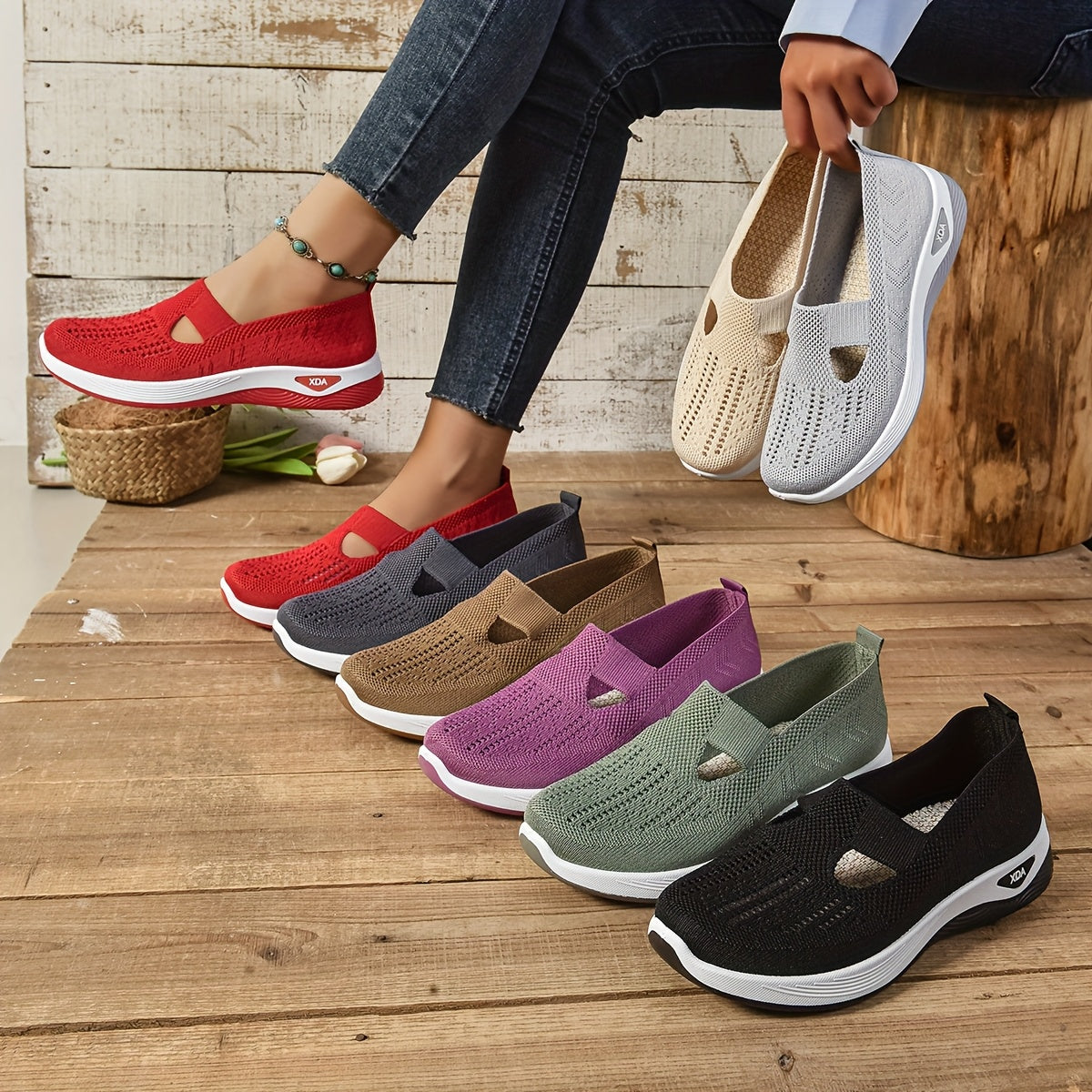 Women's Knit Slip-On Sneakers Green Lightweight Breathable Casual Low-Top