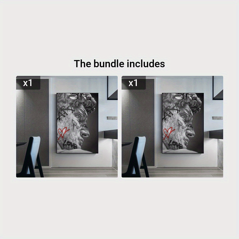 Zamonaviy kulrang devor san'ati, Mikelanjeloning David asari, graffiti va yurak aksentlari bilan, yashash xonasi, yotoqxona yoki ofis bezatish uchun.