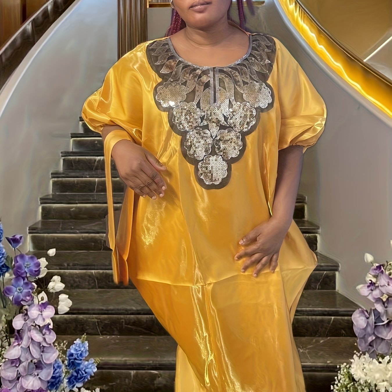 Women's Plus Size Sequin Maxi Dress with Round Neck Batwing Sleeves