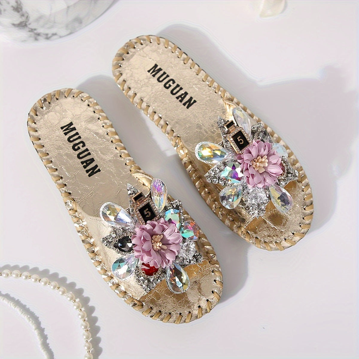 Floral Rhinestone Sandals Women Open Toe Strappy Flat Summer