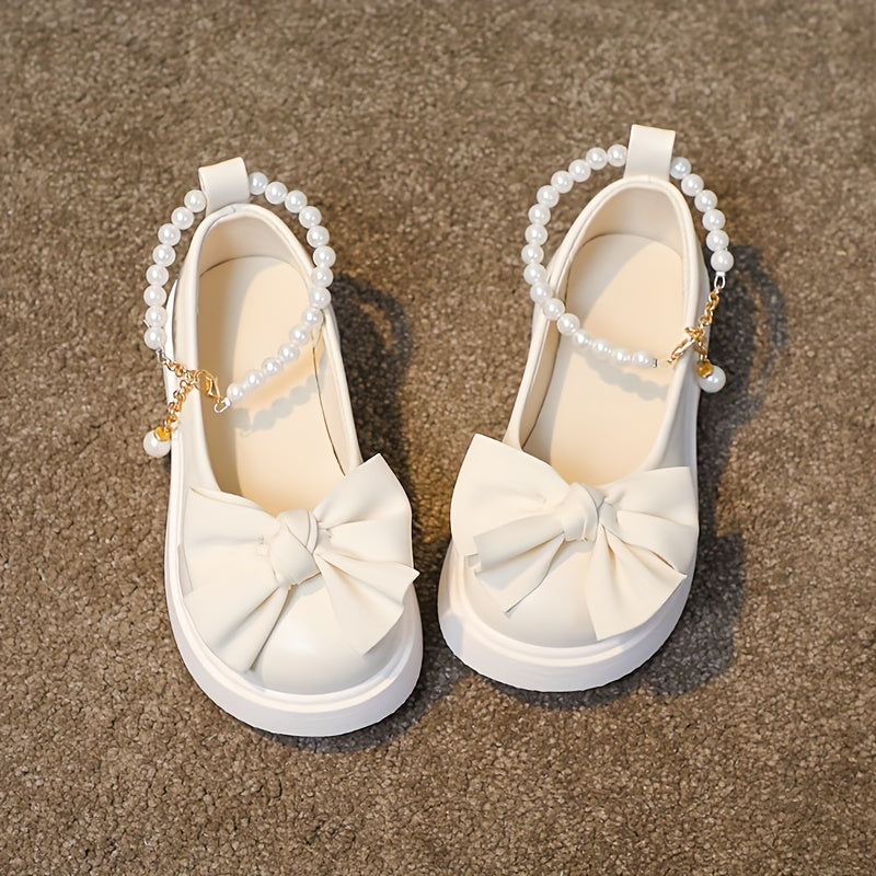 Girls' PU Mary Jane Flats with Pearl and Bow Accents for Parties and Casual Wear