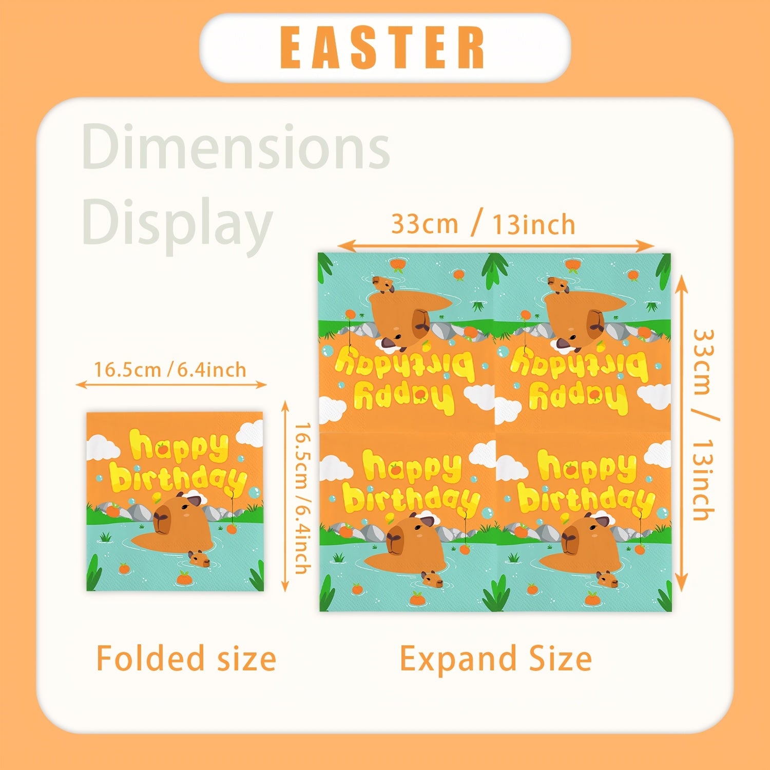 Bolalar tug'ilgan kuni va tadbirlar uchun 20 ta apelsin rangli multfilm Capybara partiyali salfetkalar to'plami