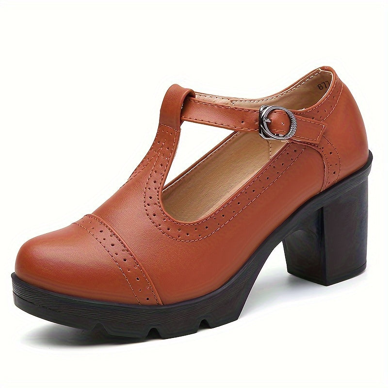 Women's T-Strap Chunky Heels Retro Buckle Oxford Pumps for Office