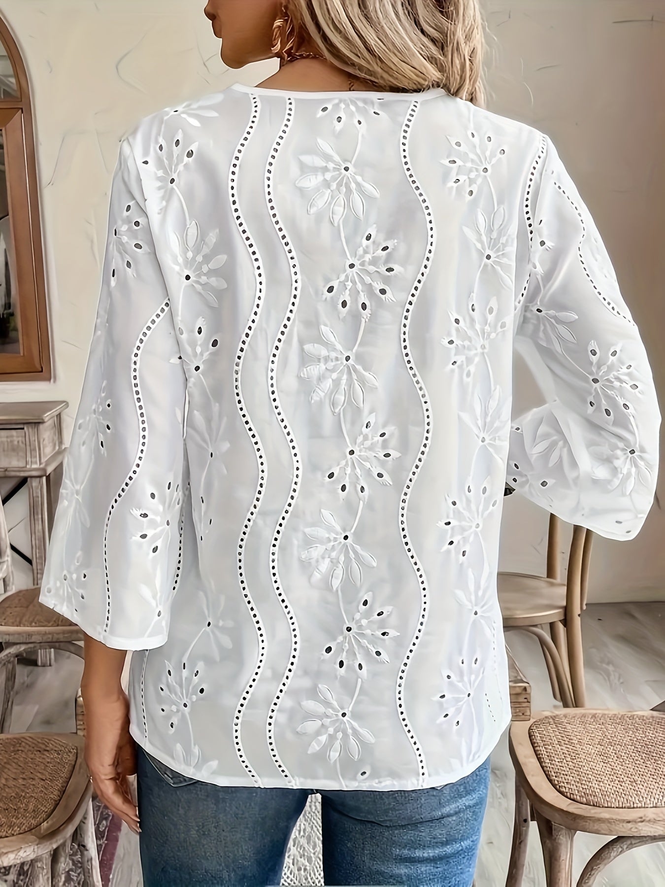 Women's V-Neck Blouse with Lace Detail Solid Cotton Blend Spring Summer Fall