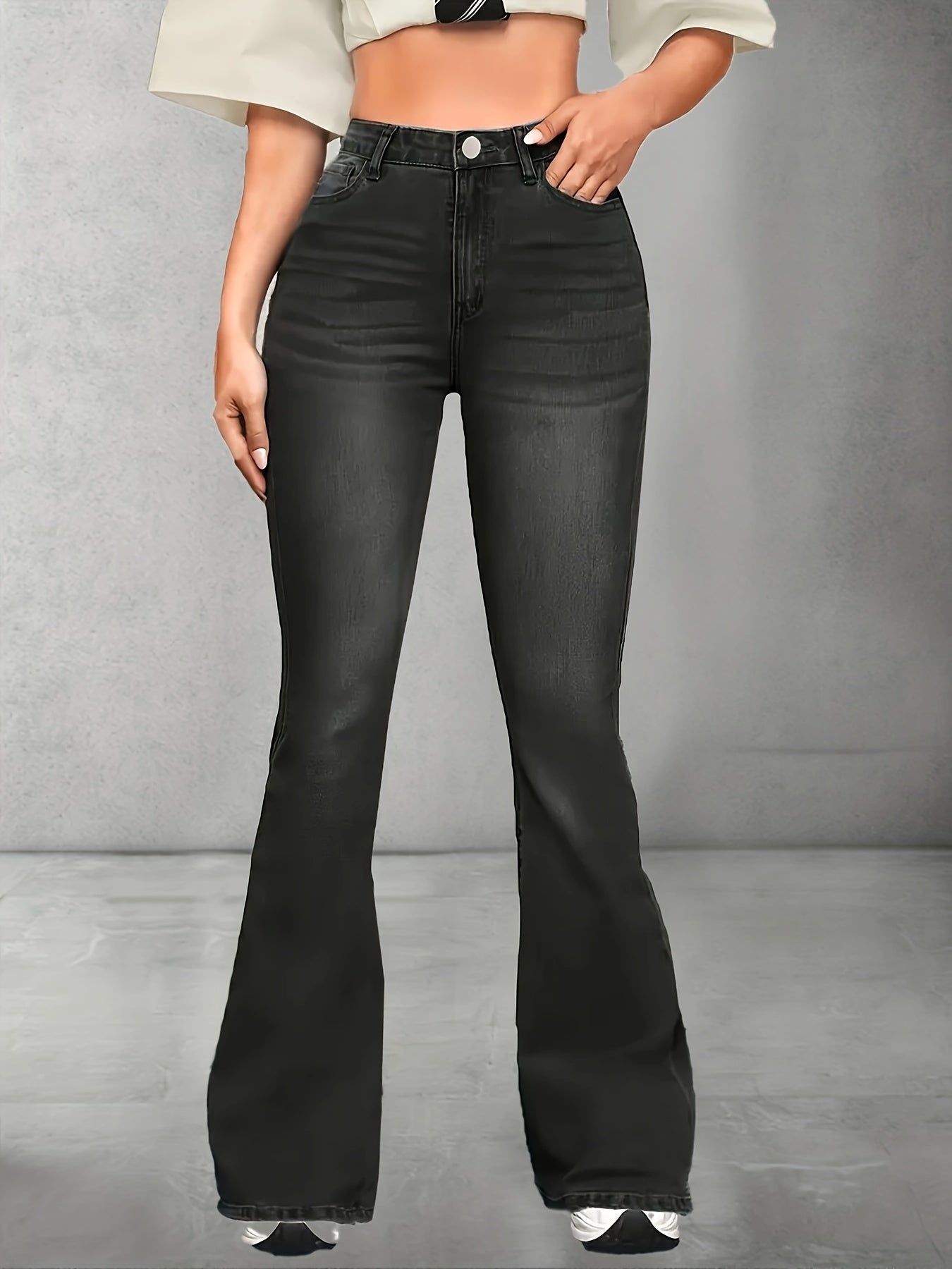 Women's High Waist Flare Leg Jeans in Black Stretch Denim with Whiskering Detail
