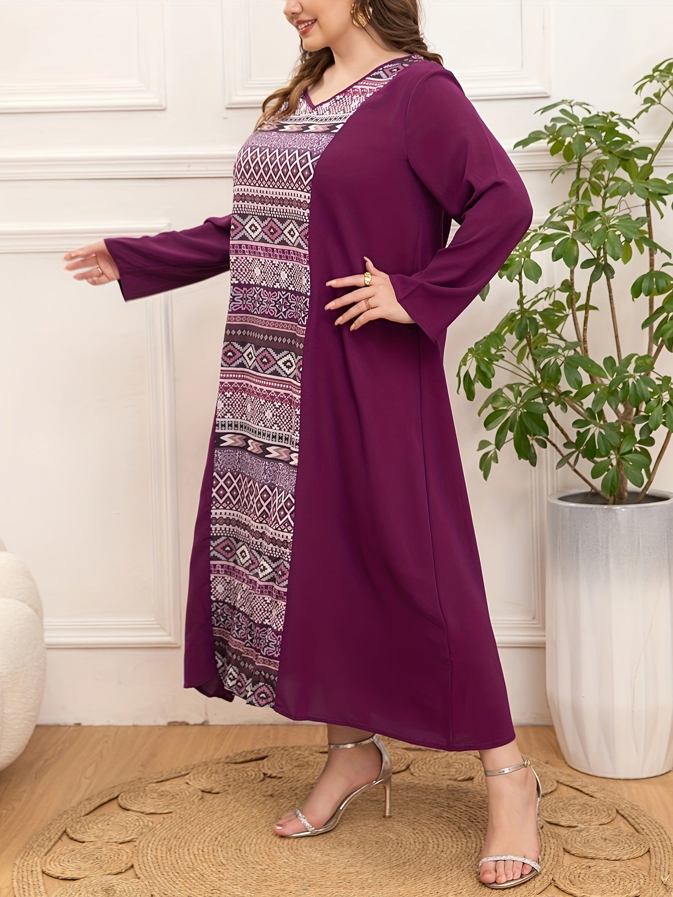 Women's Plus Size V-Neck Tunic Dress Polyester All-Season Loose Fit