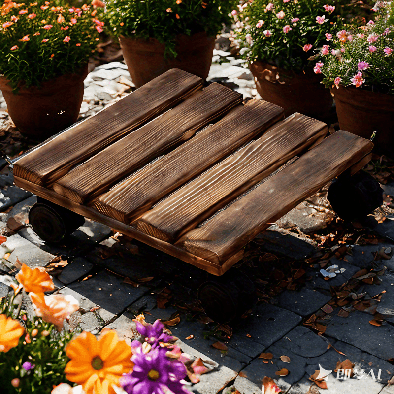 Qattiq yog'ochdan yasalgan o'simlik aravachasi, qulflanadigan g'ildiraklari bilan, og'ir o'simliklarni ichkariga yoki tashqariga ko'chirish uchun mukammal.