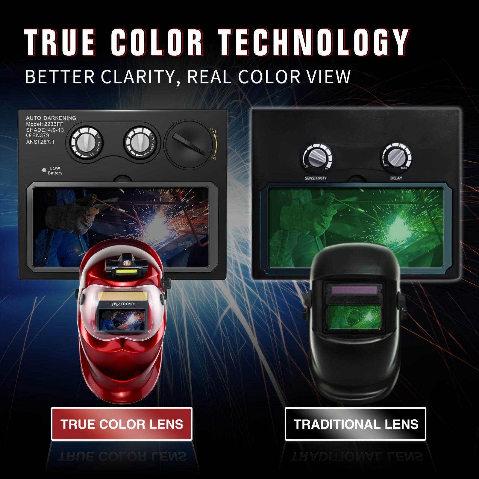 Auto Darkening Welding Helmet for Men with Top Optical Clarity Wide Shade 9-13 Solar Powered for MIG TIG ARC Welding and Grinding