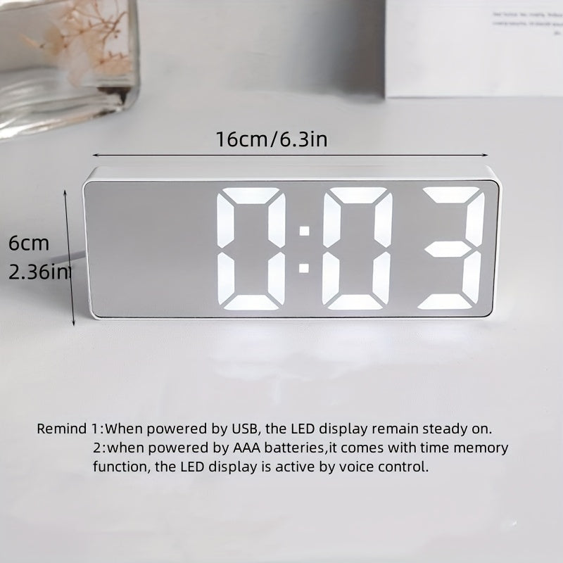 Digital Clock with Large LED Display Mirror Surface Dual Brightness Battery or USB Charging for Home Decor