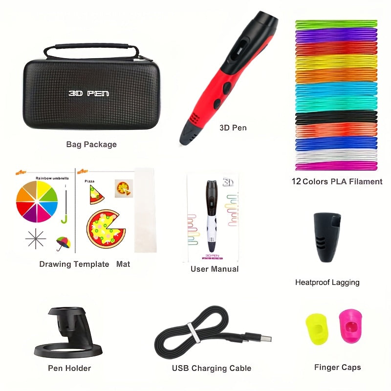3D Printing Pen Kit with 12 PLA Filament Colors USB Powered for Creative Art