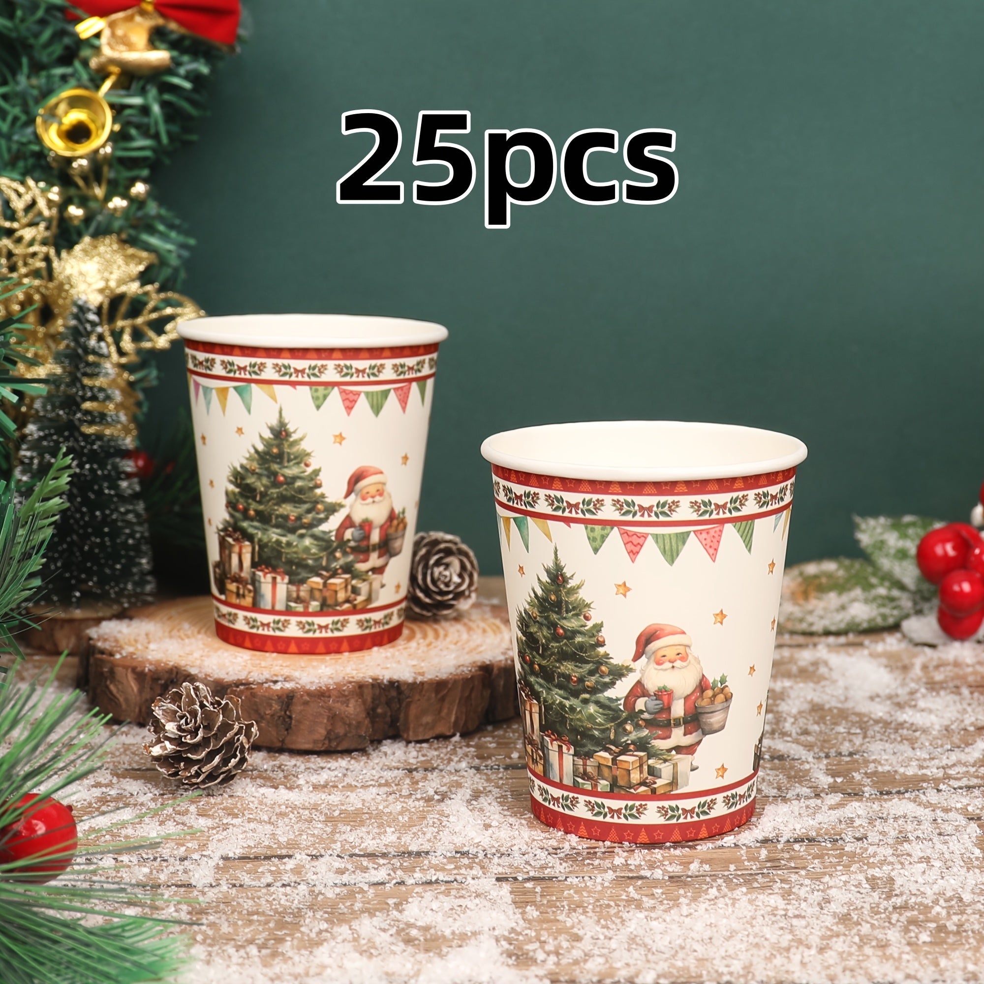 Qog'ozdan yasalgan bir martalik chashka Rojdestvo daraxti va Eski odam naqshli bayram kechasi uchun 8oz