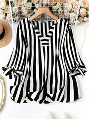 Plus Size Striped V-Neck Blouse with Tie Hem Long Sleeves Pockets