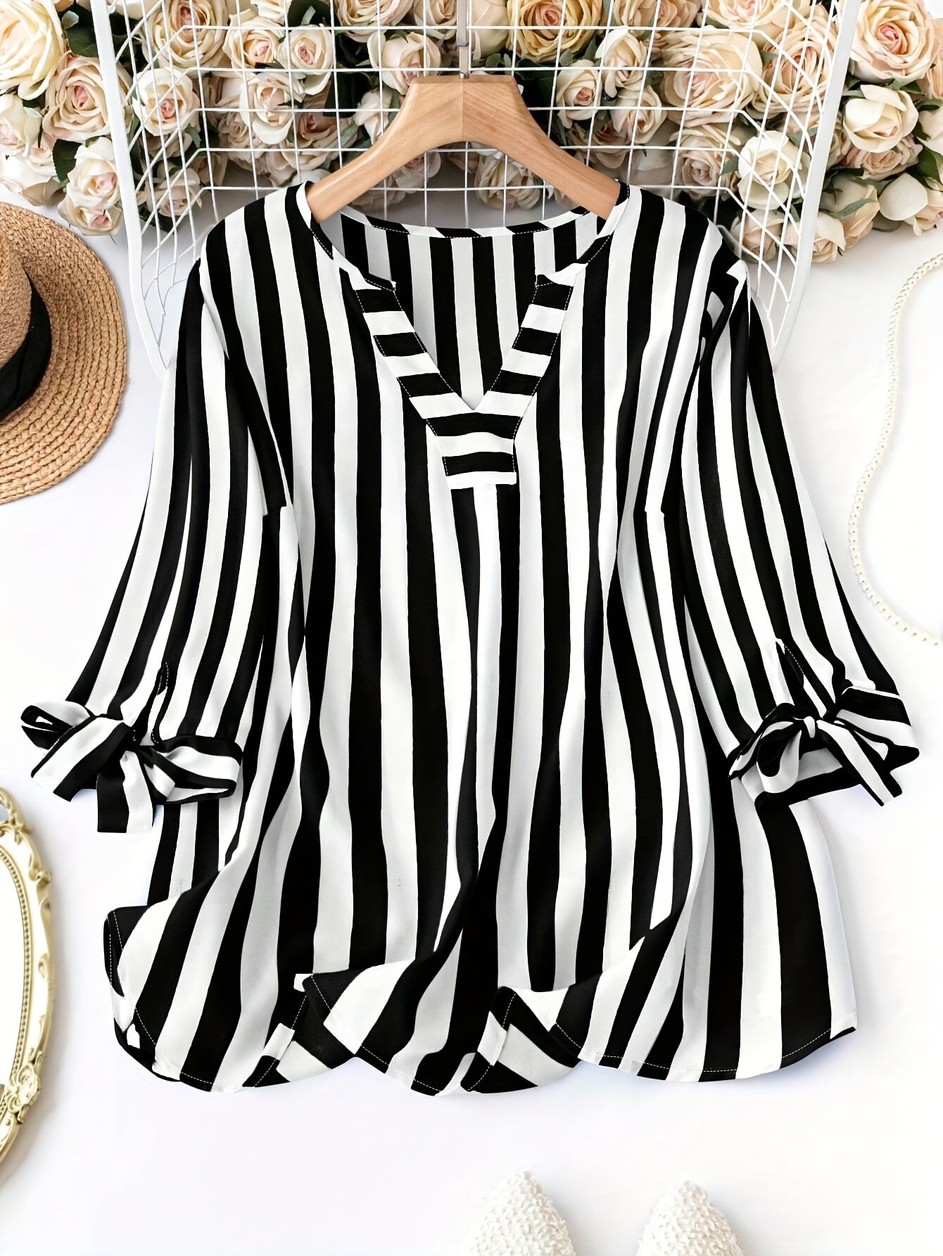 Plus Size Striped V-Neck Blouse with Tie Hem Long Sleeves Pockets