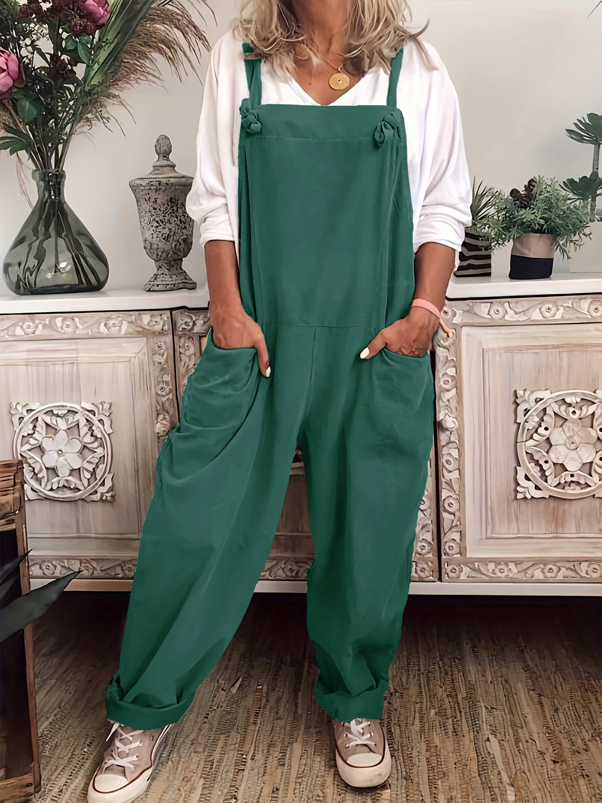 Plus Size Women Solid Knot Overall Jumpsuit Casual Summer Spring