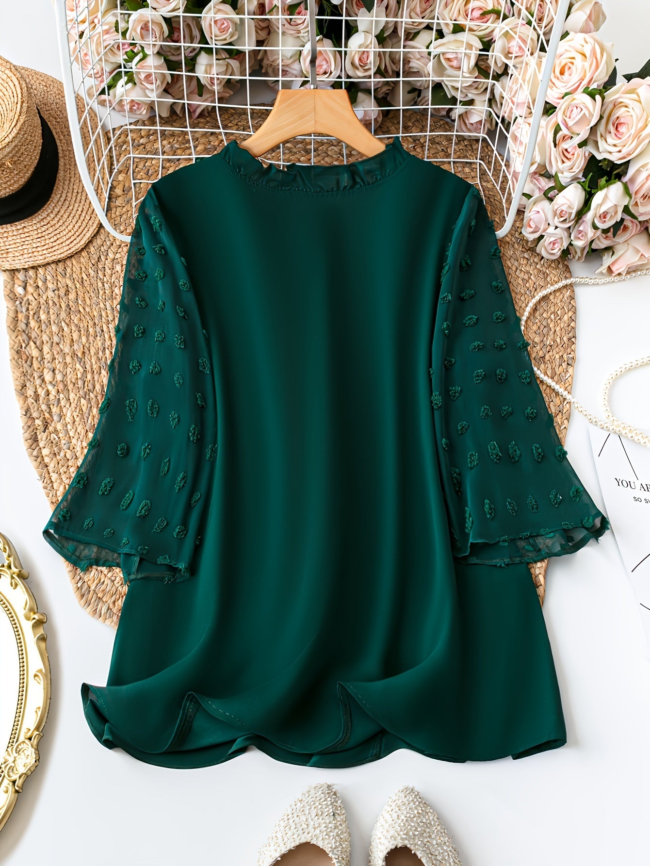 Plus Size V-Neck Blouse for Women Solid Color Contrast Mesh Woven Fabric Spring Fall
