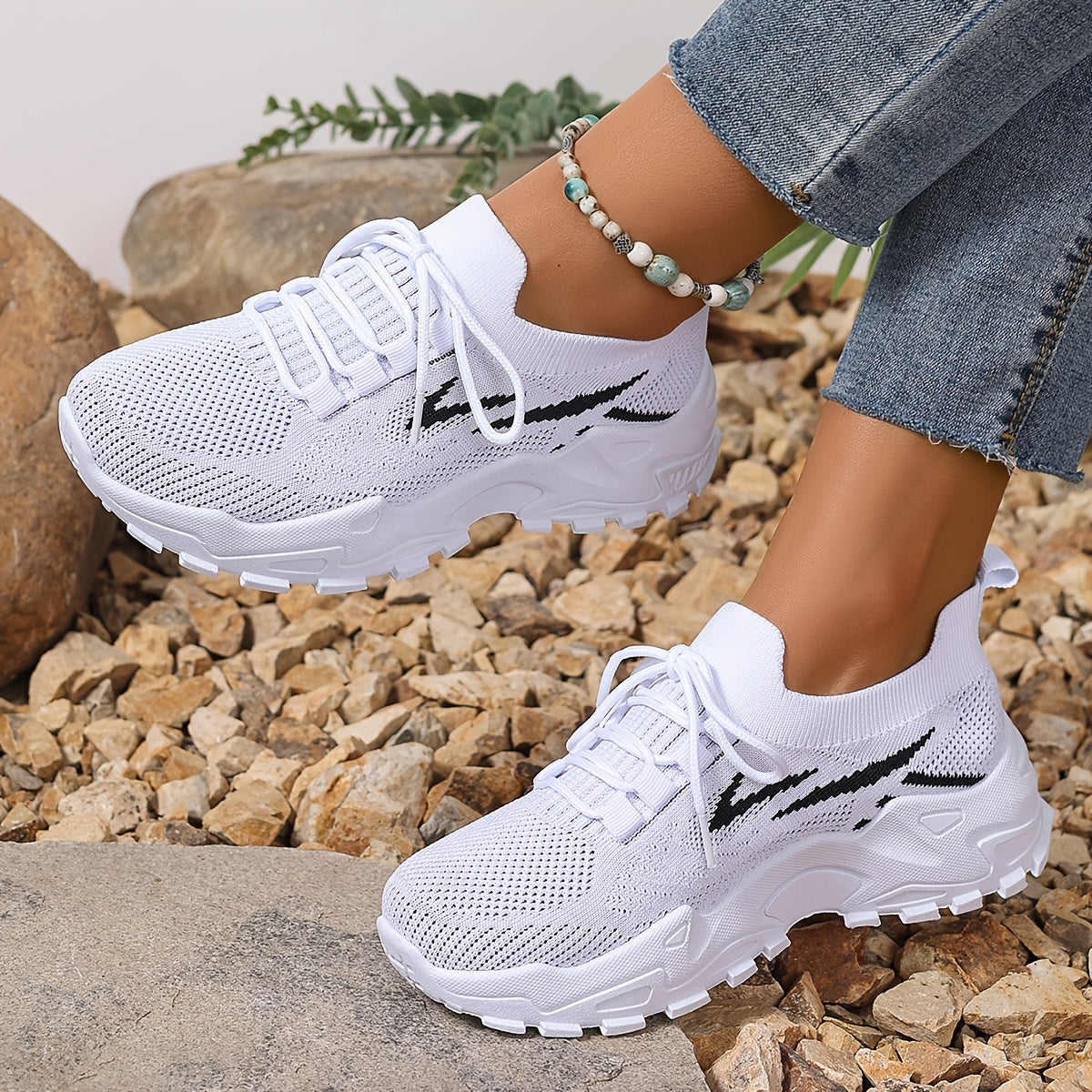 Women's Mesh Sneakers Breathable Lace-Up Running Shoes Lightweight Casual Blue White