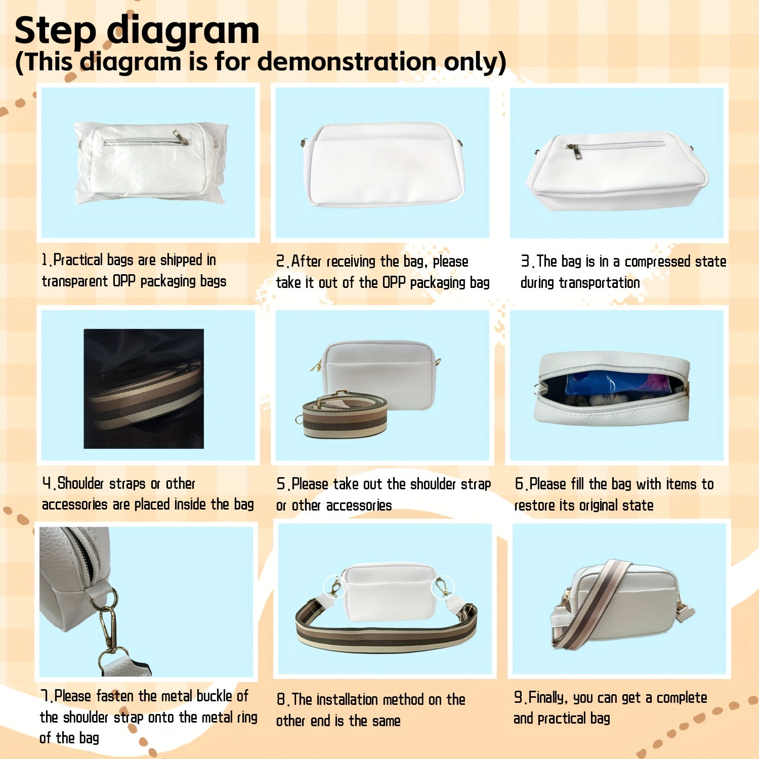 Yangi moda tendentsiyasi yuqori tuzilishga ega, to'qimachilik dizayni va nozik bosma bilan bezatilgan xoch sumka. Zipper yopilishi bilan birga keladi va beshta rang tanlovi mavjud. Mukammal Sevgi kuni yoki tug'ilgan kun sovg'asi. O'lchovlar