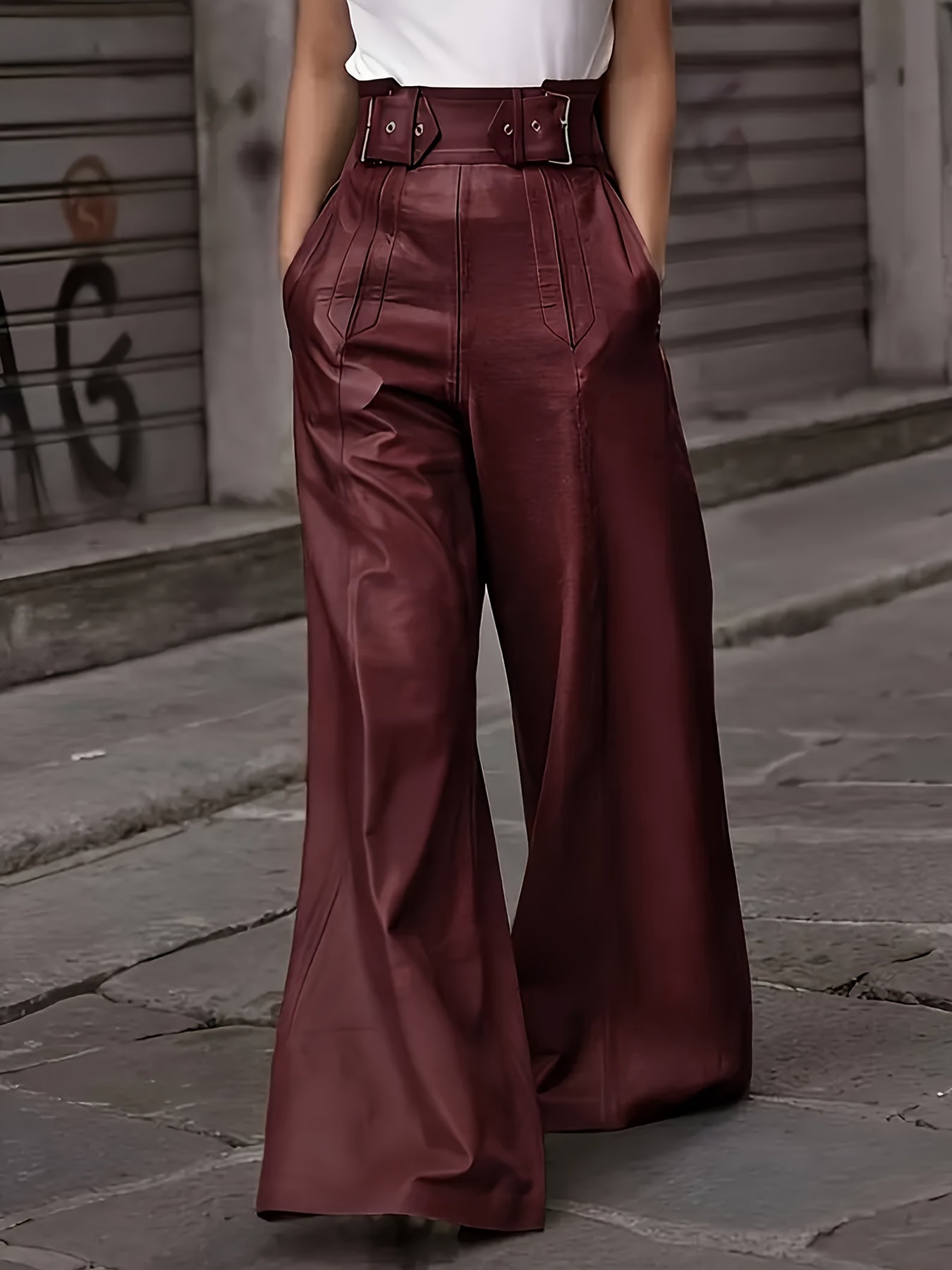 Women's PU Wide Leg Pants Casual Elegant Solid Color Large Size